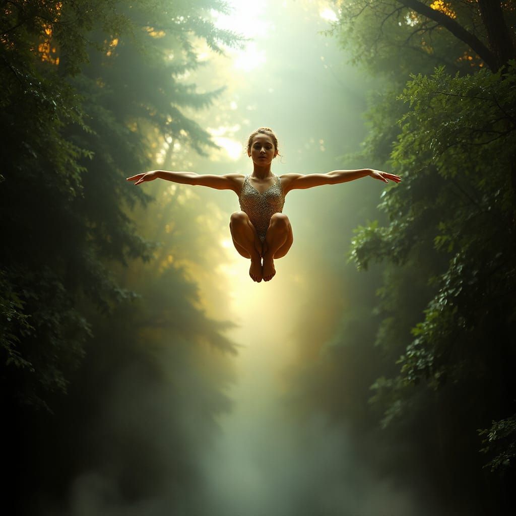 Hyperrealistic Gymnast in Dreamlike Forest