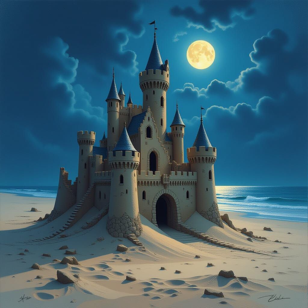 Ruined Sandcastle on a Beach at Dusk