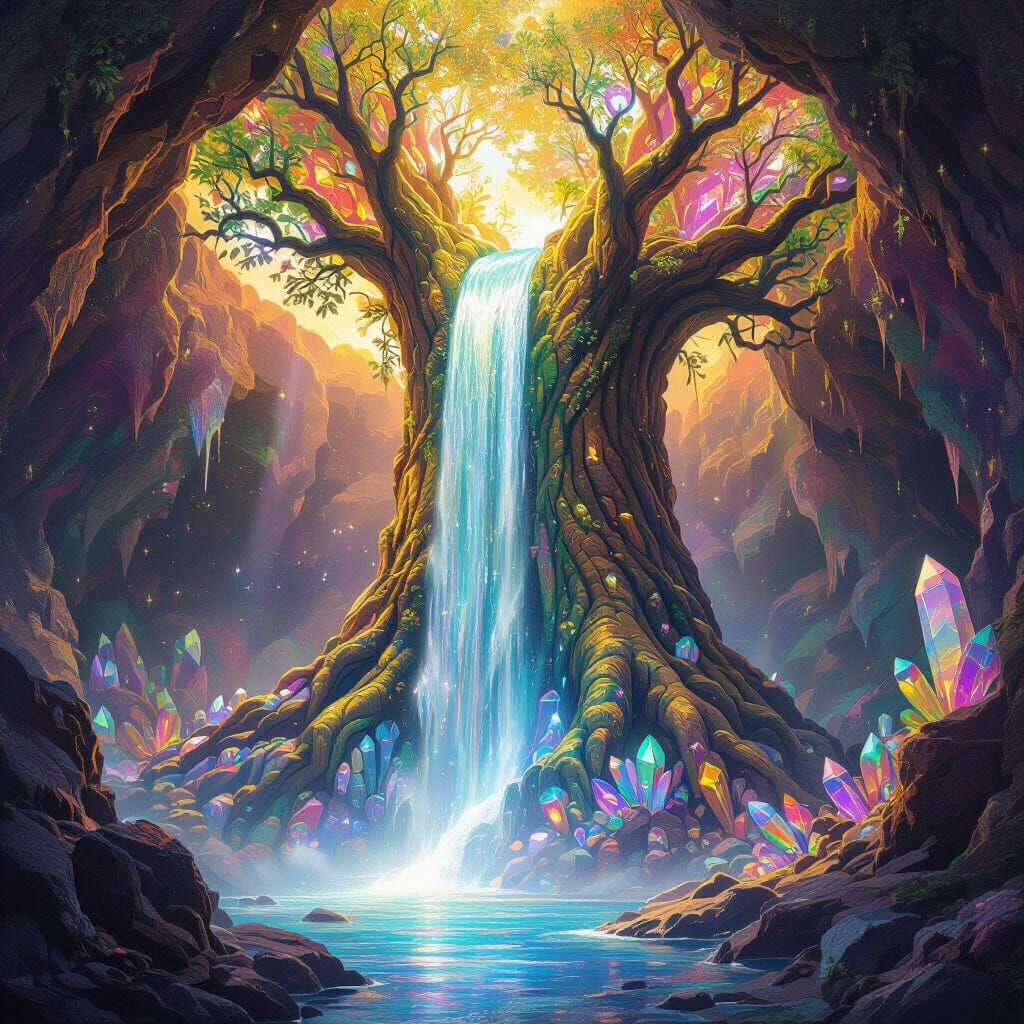Glowing Waterfall in Crystalline Cave: Holographic Astral Ar...