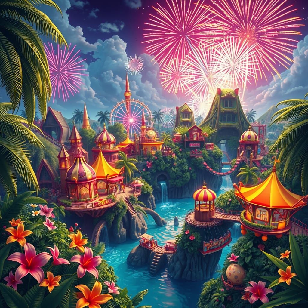 Steampunk Amusement Park on Tropical Island with Fireworks