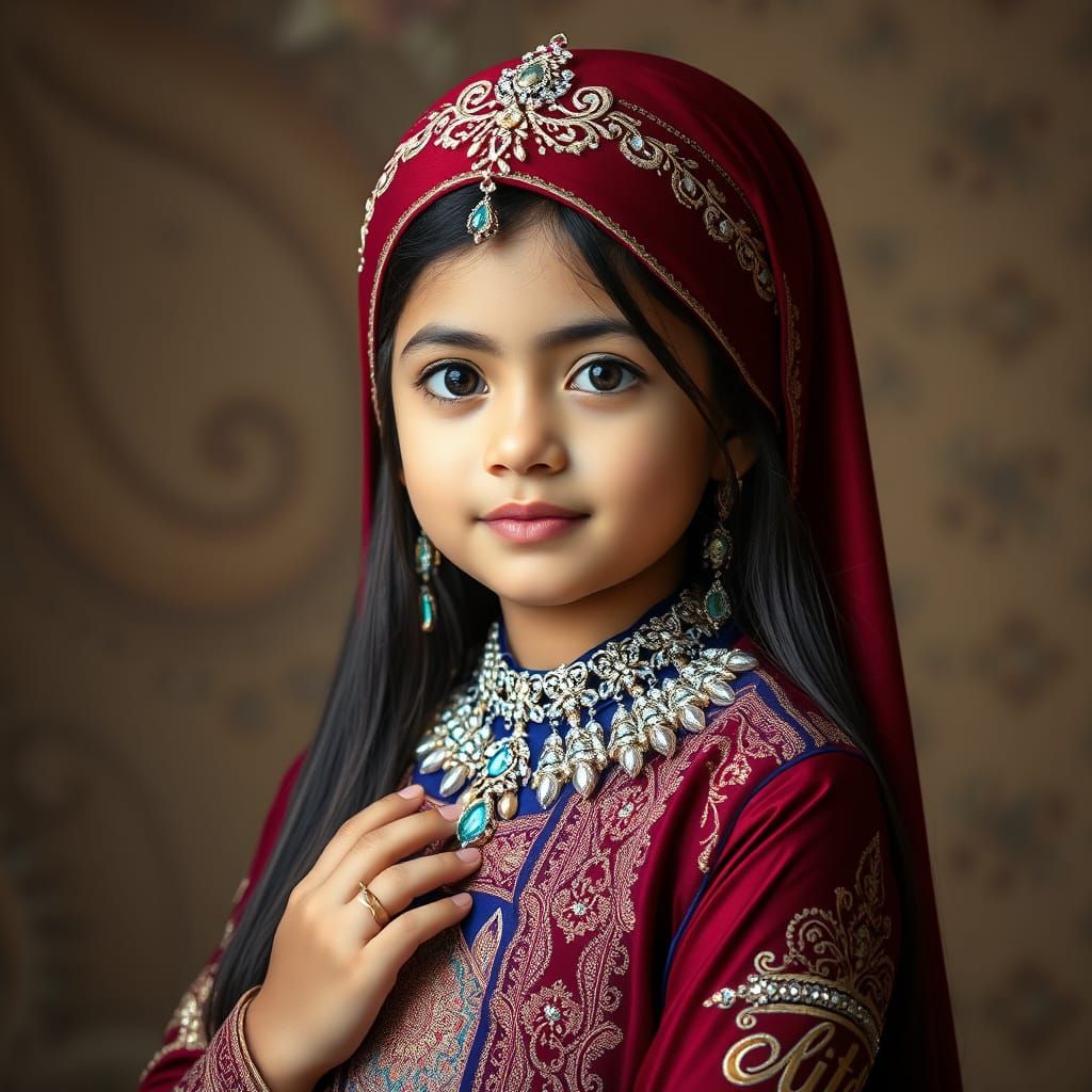 Elegant 8-Year-Old Girl in Traditional Eid Attire with Cryst...