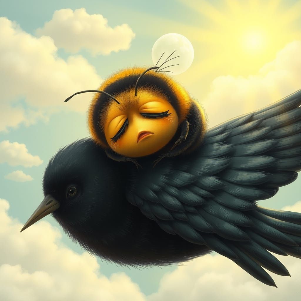 A bumble bee big eyes and fluffy tired and out of energy and sleepy decides to sleep on the back of a flying  blackbird ...
