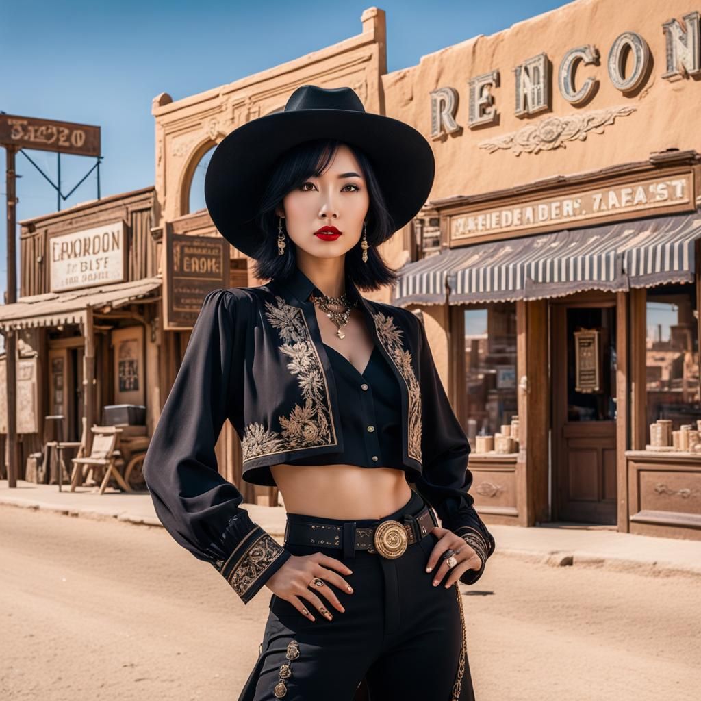 Mystical Asian Woman in Desert Town, Photorealistic Matte Pa...