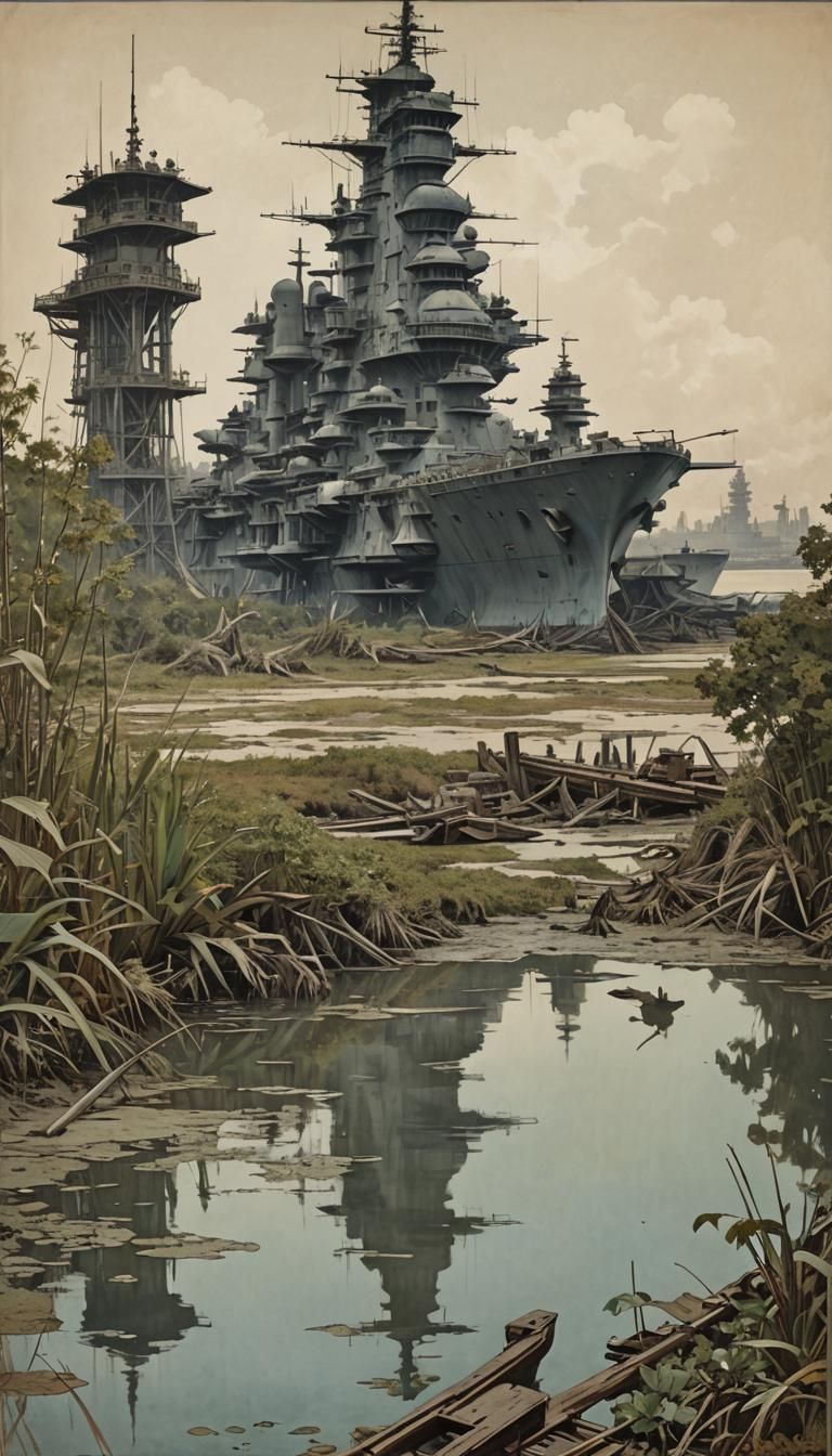Japanese Battleship on Beach in Art Nouveau Style