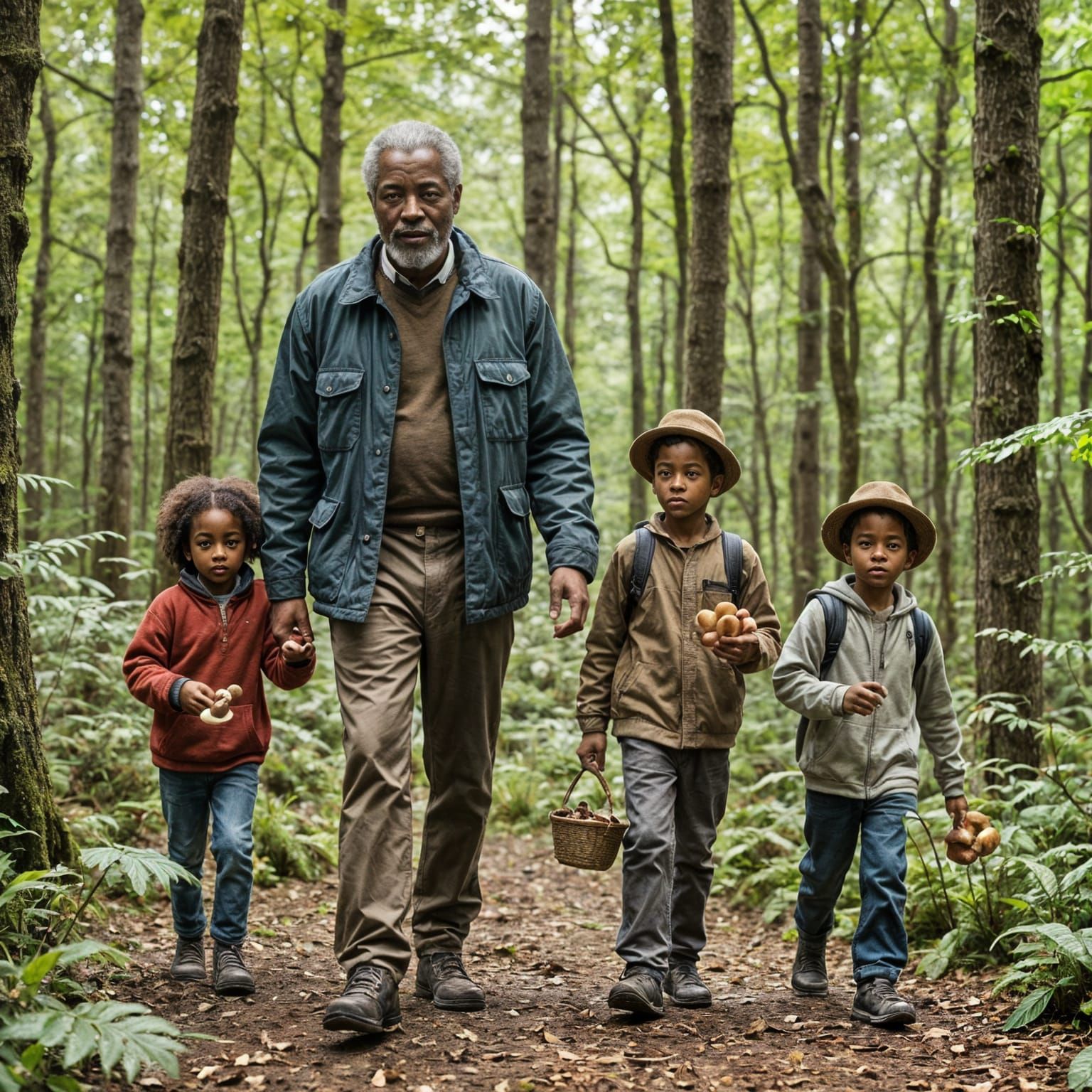Grandfather and Grandchildren Foraging Mushrooms in Forest