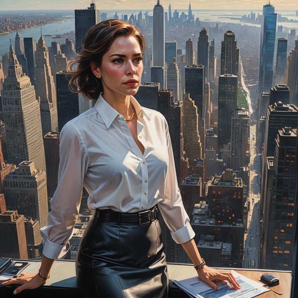 Female CEO Surveys New York City: Hyperrealistic Splash Art