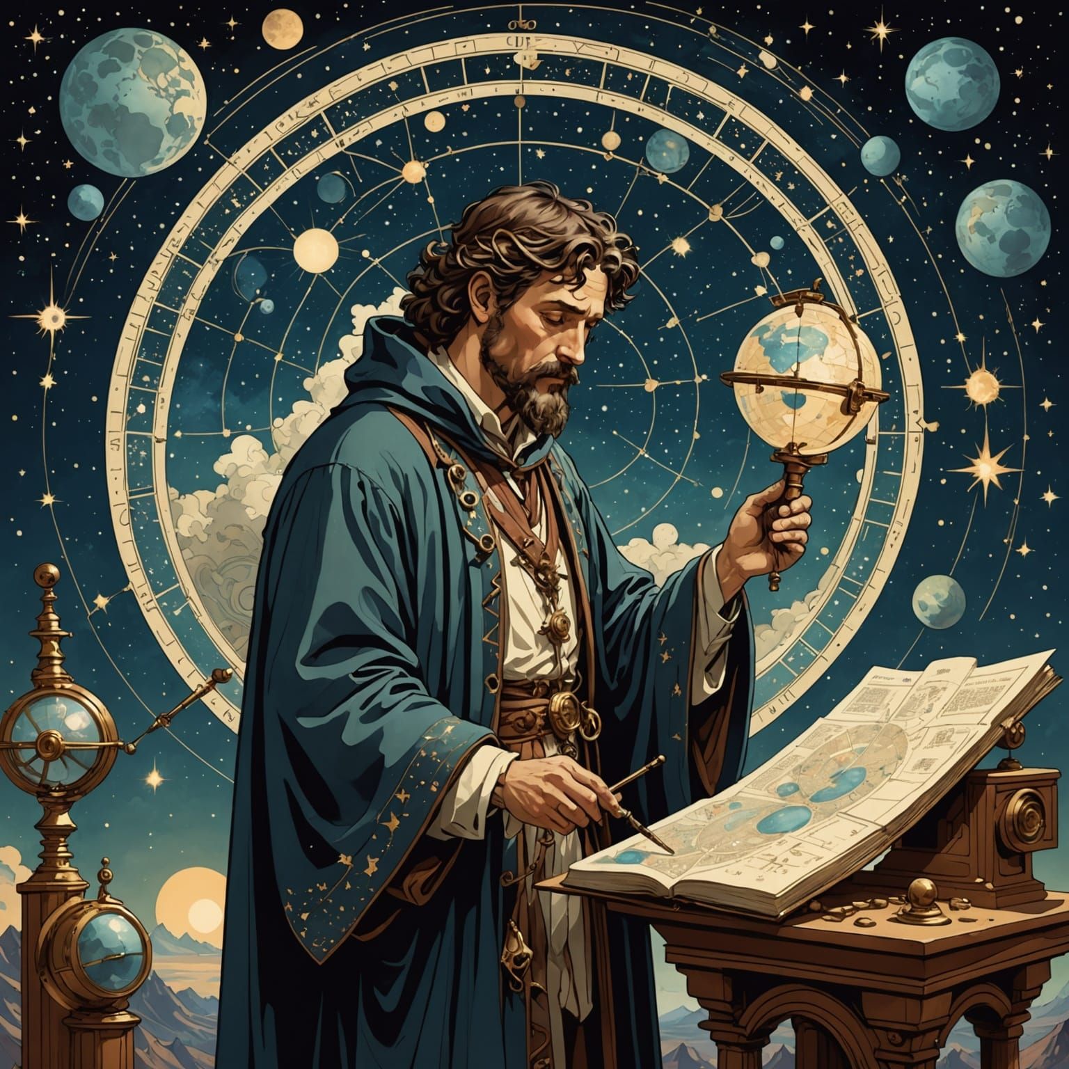 Celestial Cartographer in Nebula, Alphonse Mucha Style