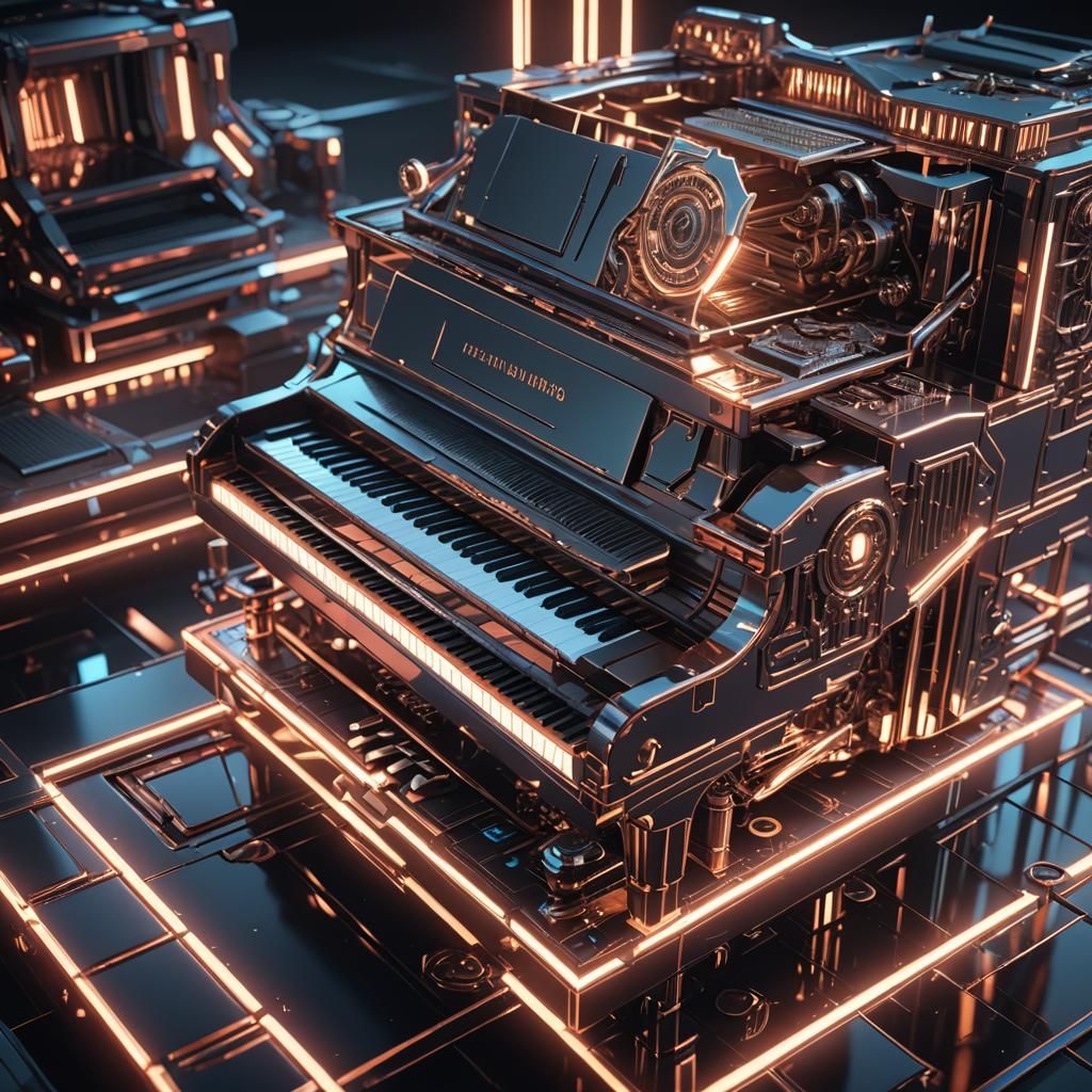 Futuristic Metallic Piano with Neon Lights in Sci-Fi Style