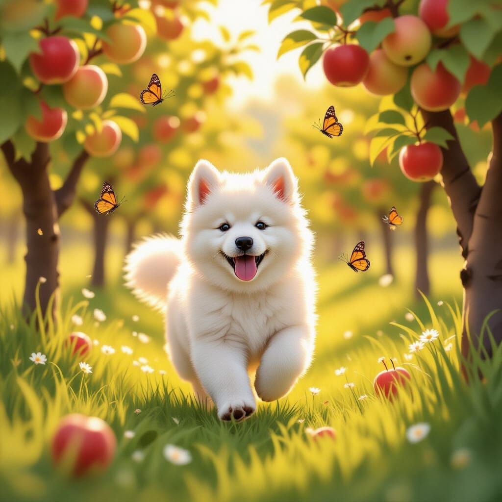 Playful Samoyed Puppy Chasing Butterflies in Sunlit Orchard