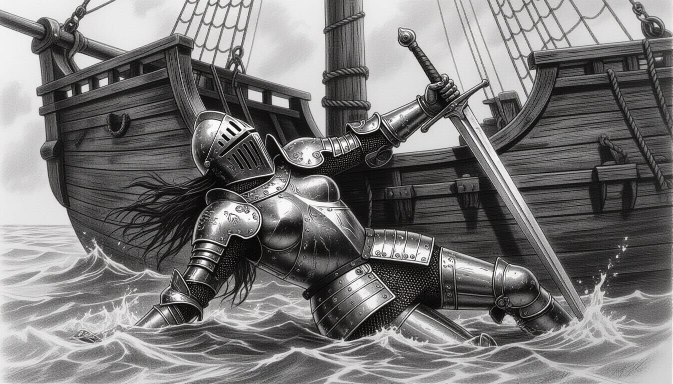 Armored Knight Falling Off Ship Into Water