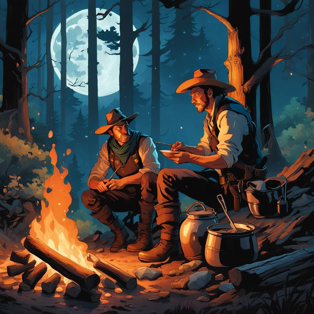 Cowboy Campfire in Dark Forest, Detailed Matte Painting