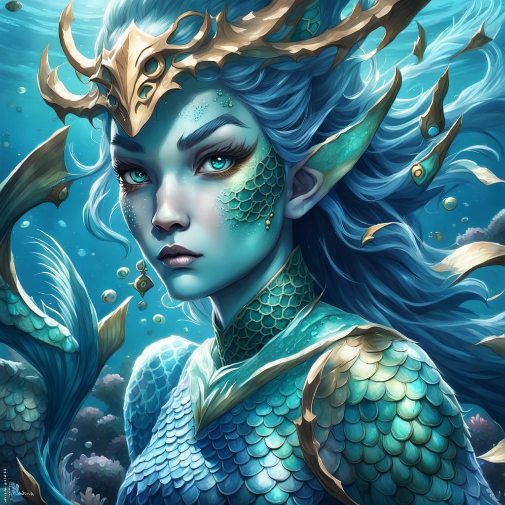 Merfolk Mermaid Warrior Casting Spell: 3D Anime Art