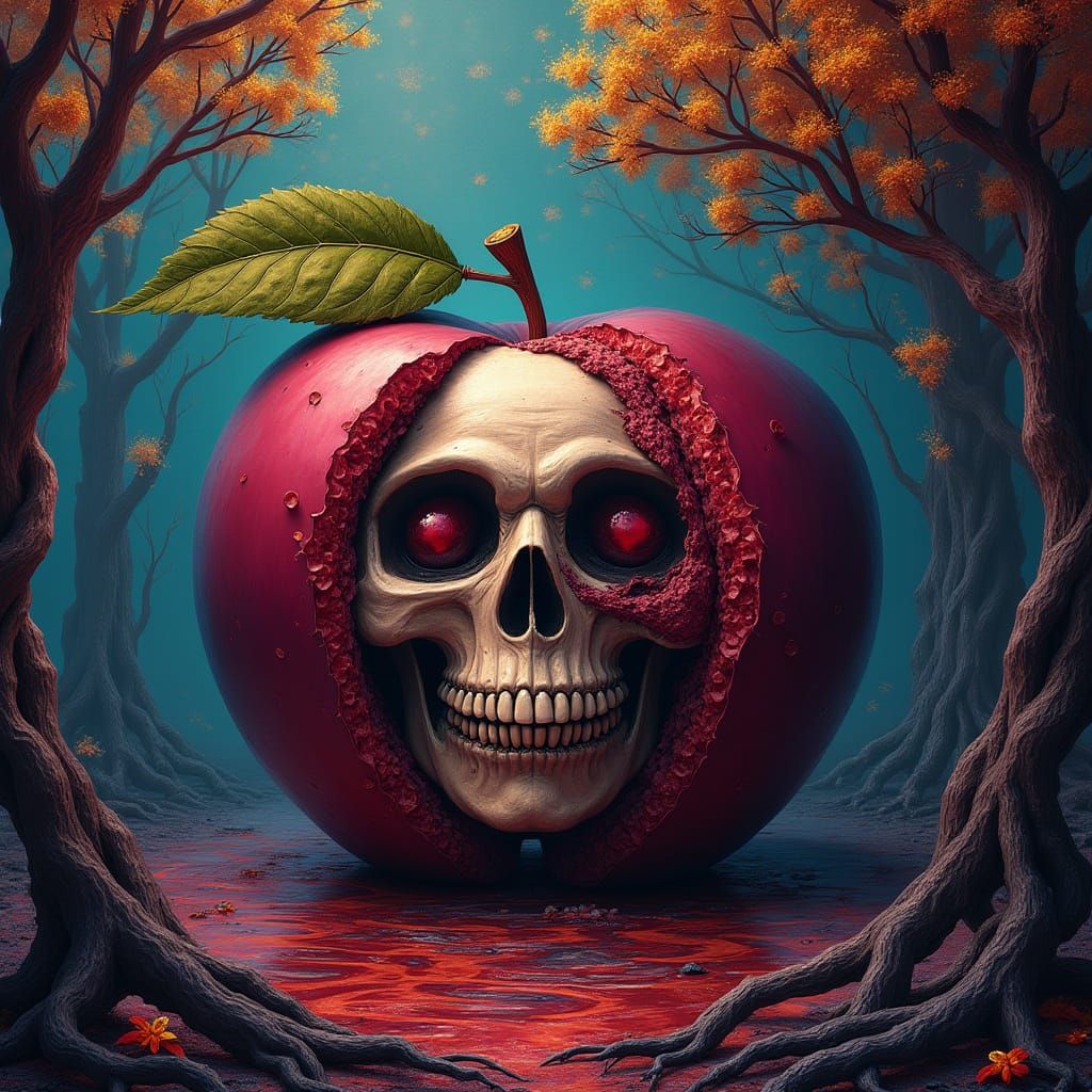 Anthropomorphic face of the Grim Reaper on a gigantic Plum.