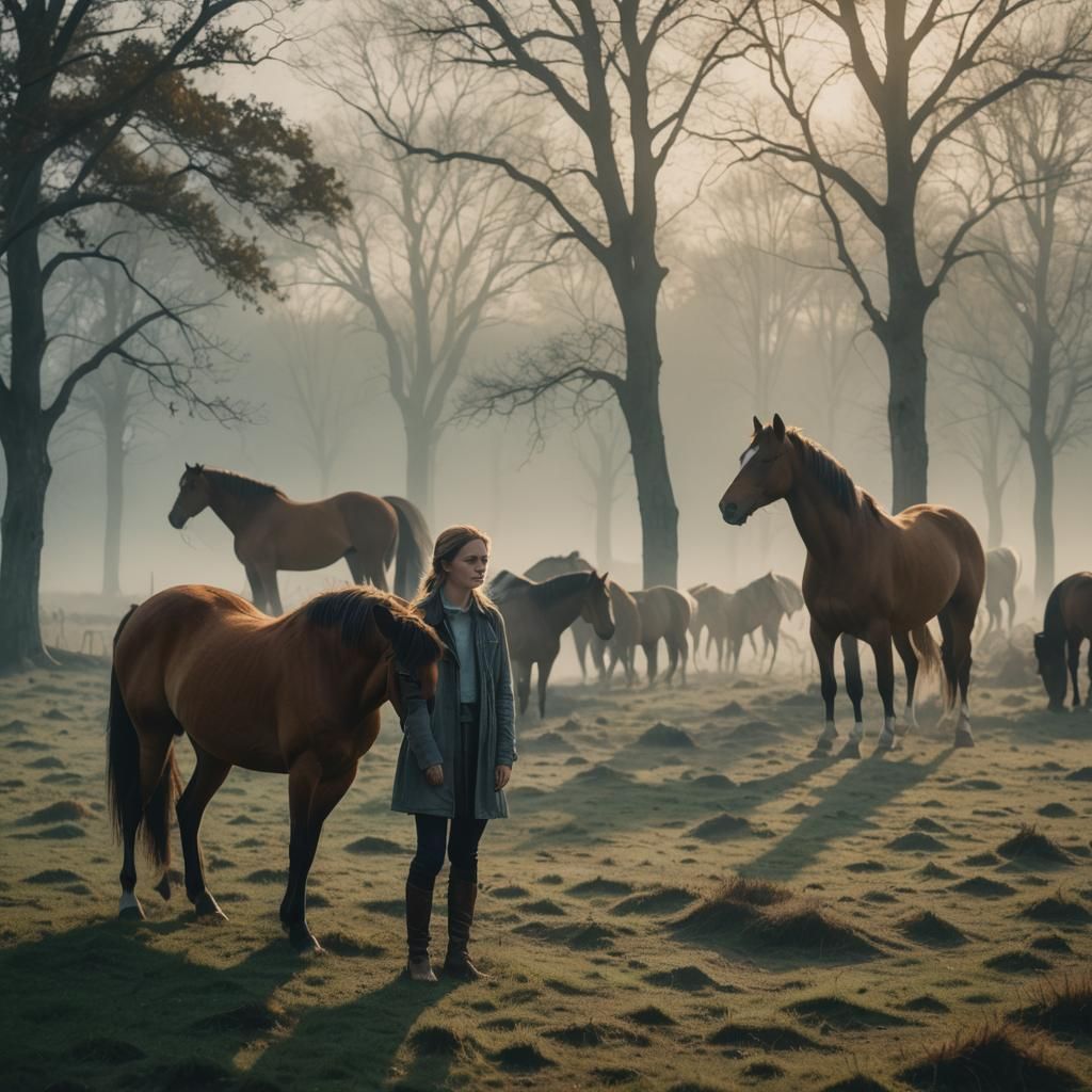 Emma in Misty Field with Horses: Cinematic Film Still