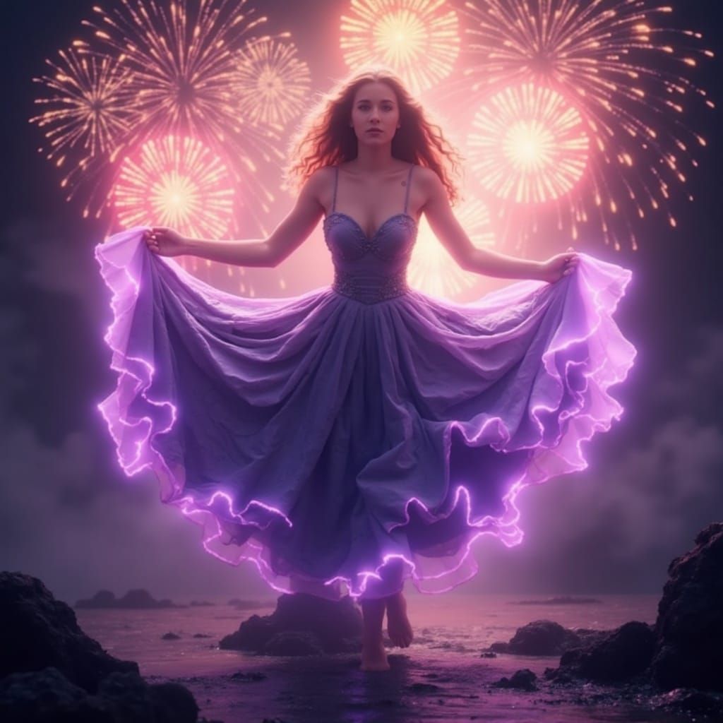 Elegant Goddess Portrait in Vibrant Fireworks and Rich World...