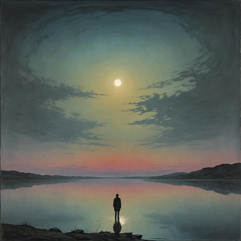 Moonlit Figure at Lake's Edge: Surreal Dreamscape