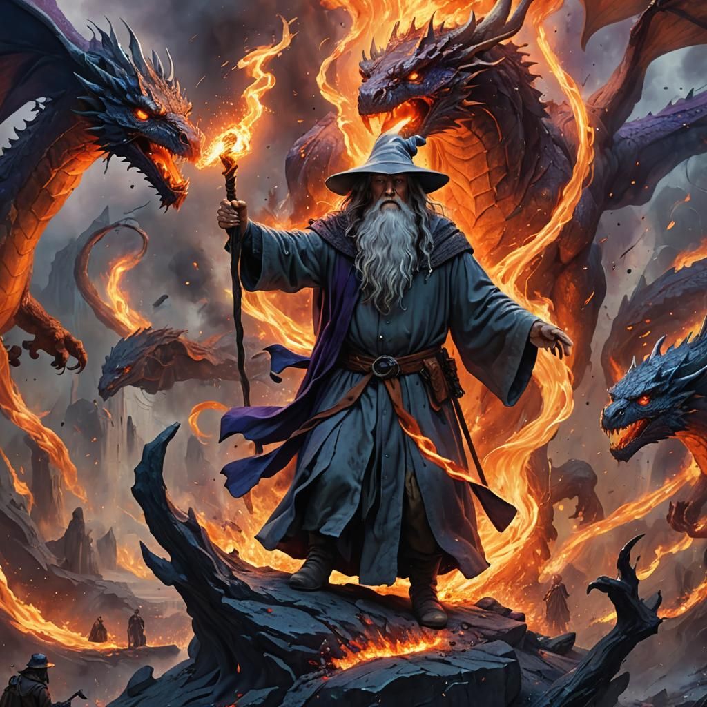 Gandalf Slaying Dragon in Fiery Fantasy Art