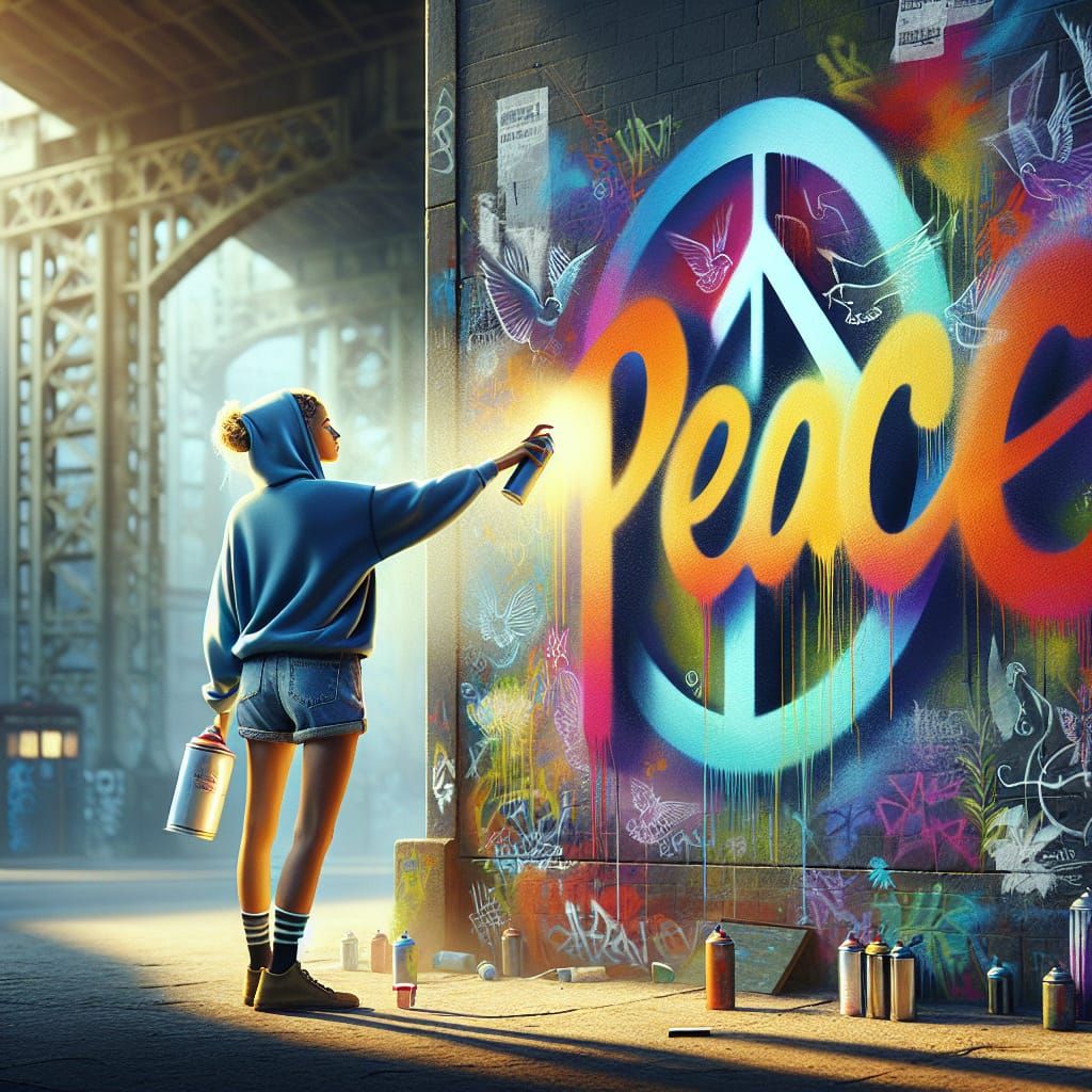 Woman Spray Painting 'PEACE' in Urban Setting