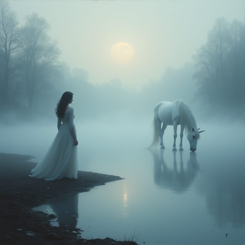 Woman and Unicorn by Misty Lake at Dawn in Oil Painting Styl...