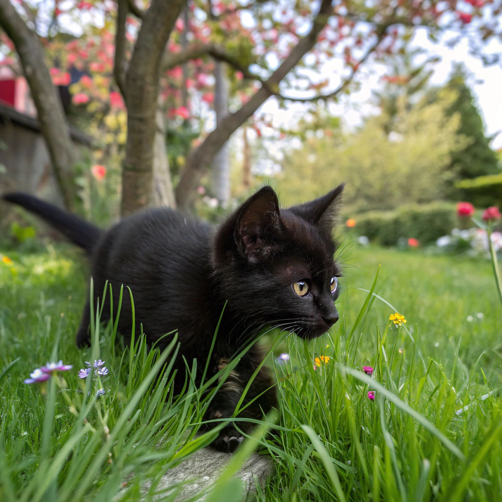 Black Kitten Hunting Birds in Hyper-Realistic Style