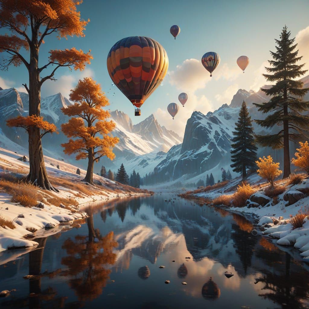 Surreal Winter Wonderland with Hot Air Balloons in Soft Gold...