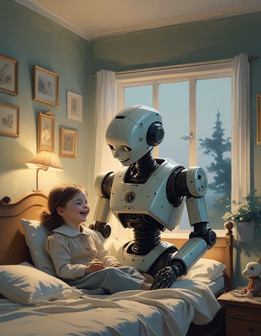 A Robotic Nanny Serenades a Sleeping Child in a Cozy Nightti...