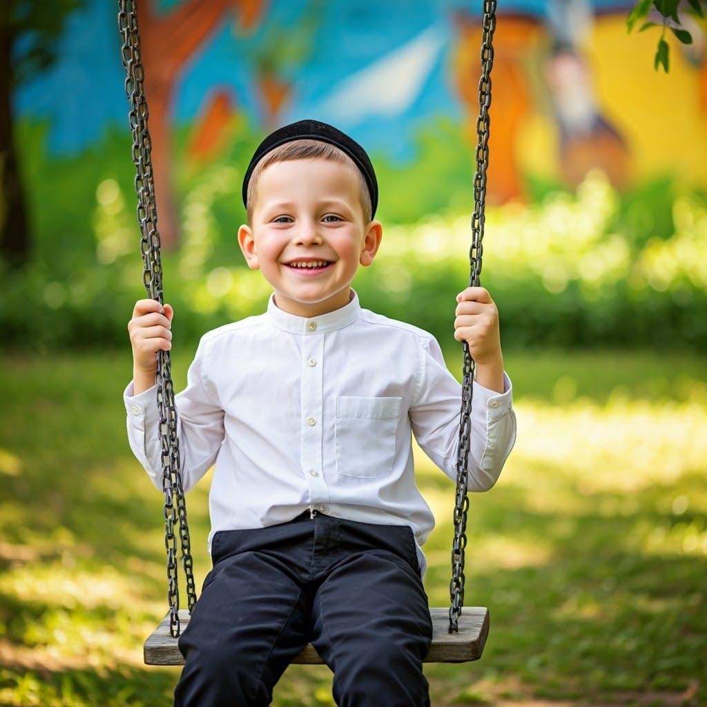 Joyful Boy on Swing in Sunlit Garden