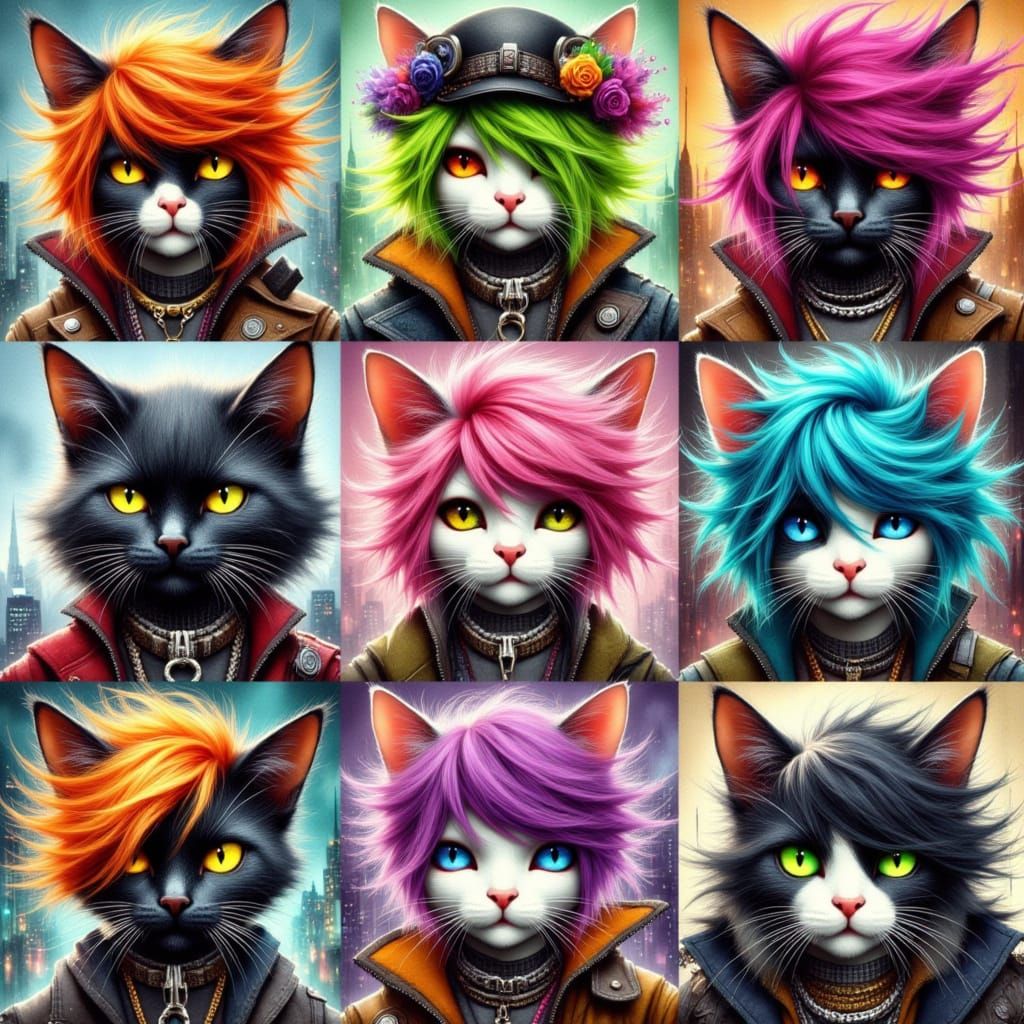 Cyberpunk Collage: Punk Cats with Wild Hairstyles