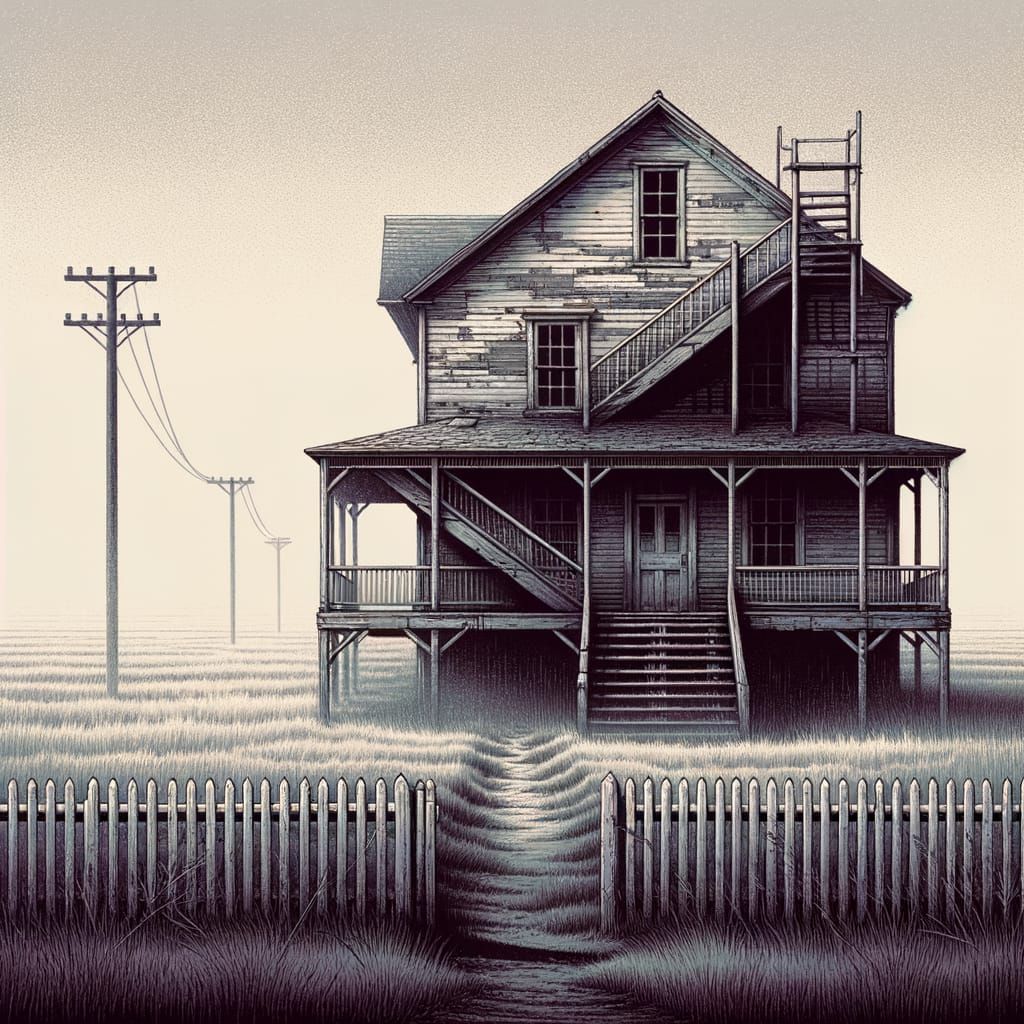 Misty Weathered Building with Staircase and Field