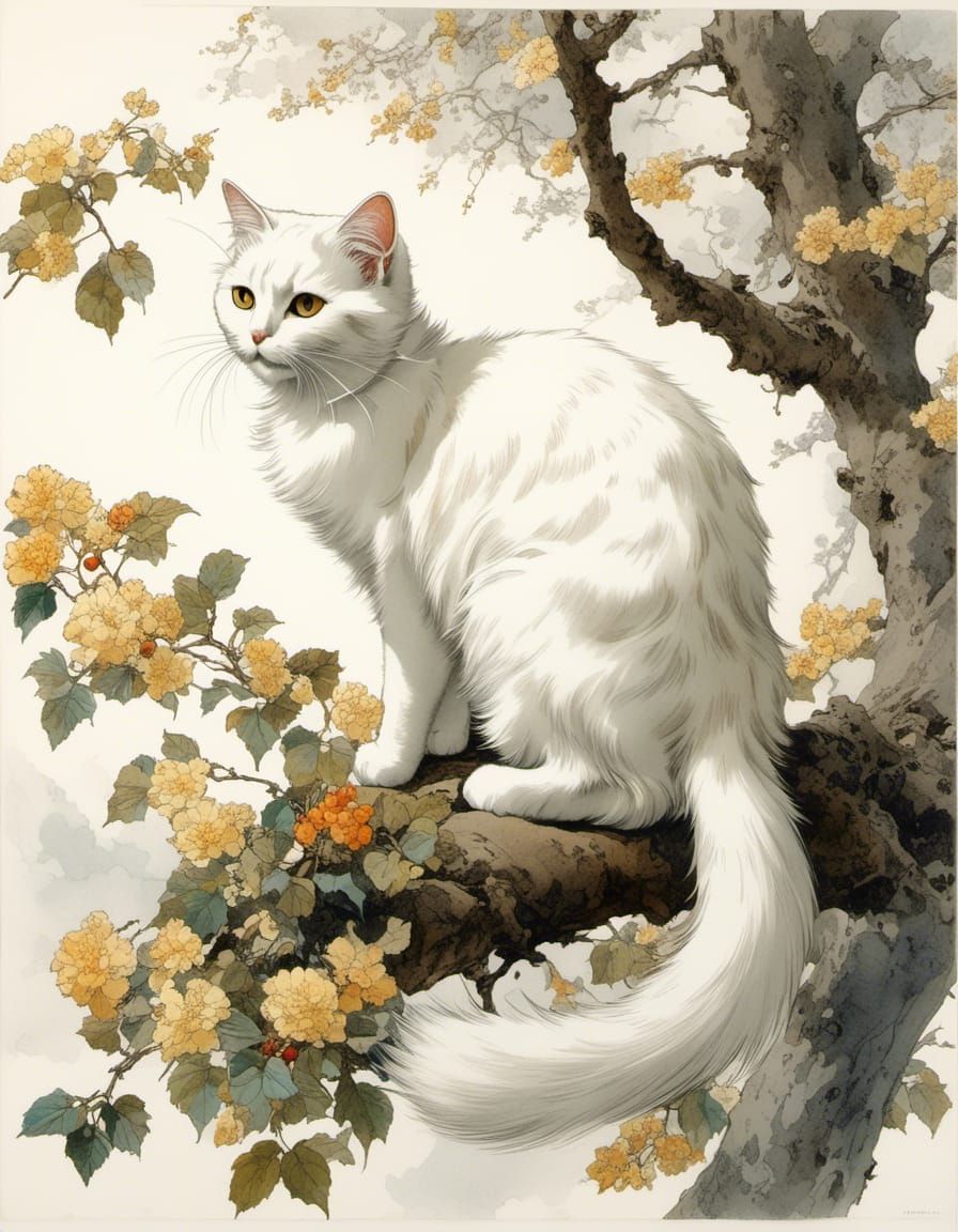 Vintage Ink Drawing of White Cat on Branch