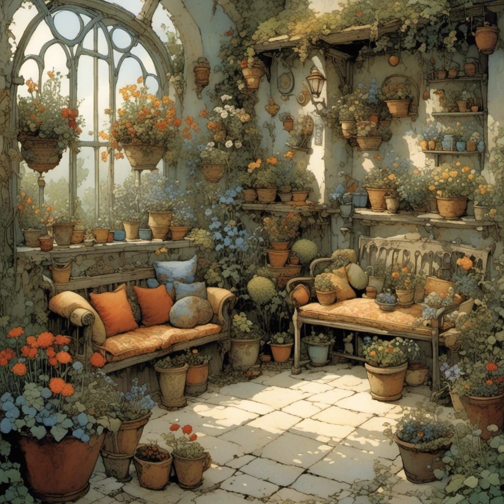Cozy Garden Seating Area in Intricate Comic Style