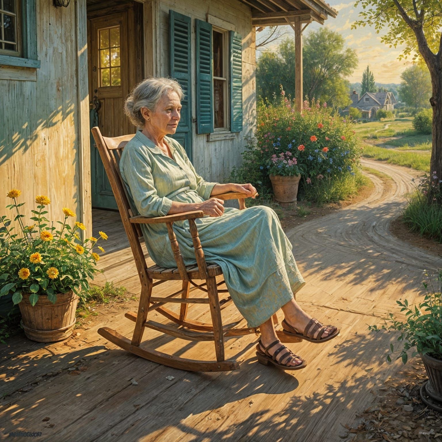 Elderly Woman's Serene Gaze: An Impasto Oil Painting