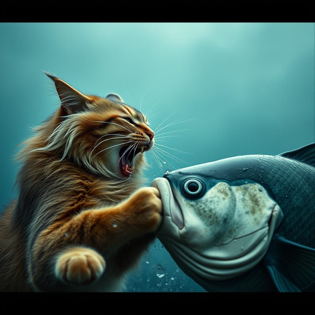 Fierce Feline vs. Gargantuan Fish in a Stormy, Cinematic Cla...