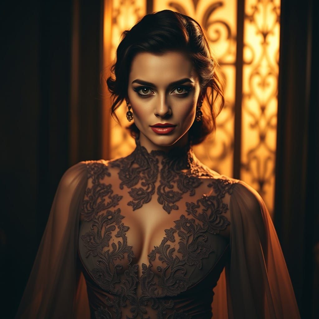 Elegant Film Noir Woman in Golden Hour Lighting