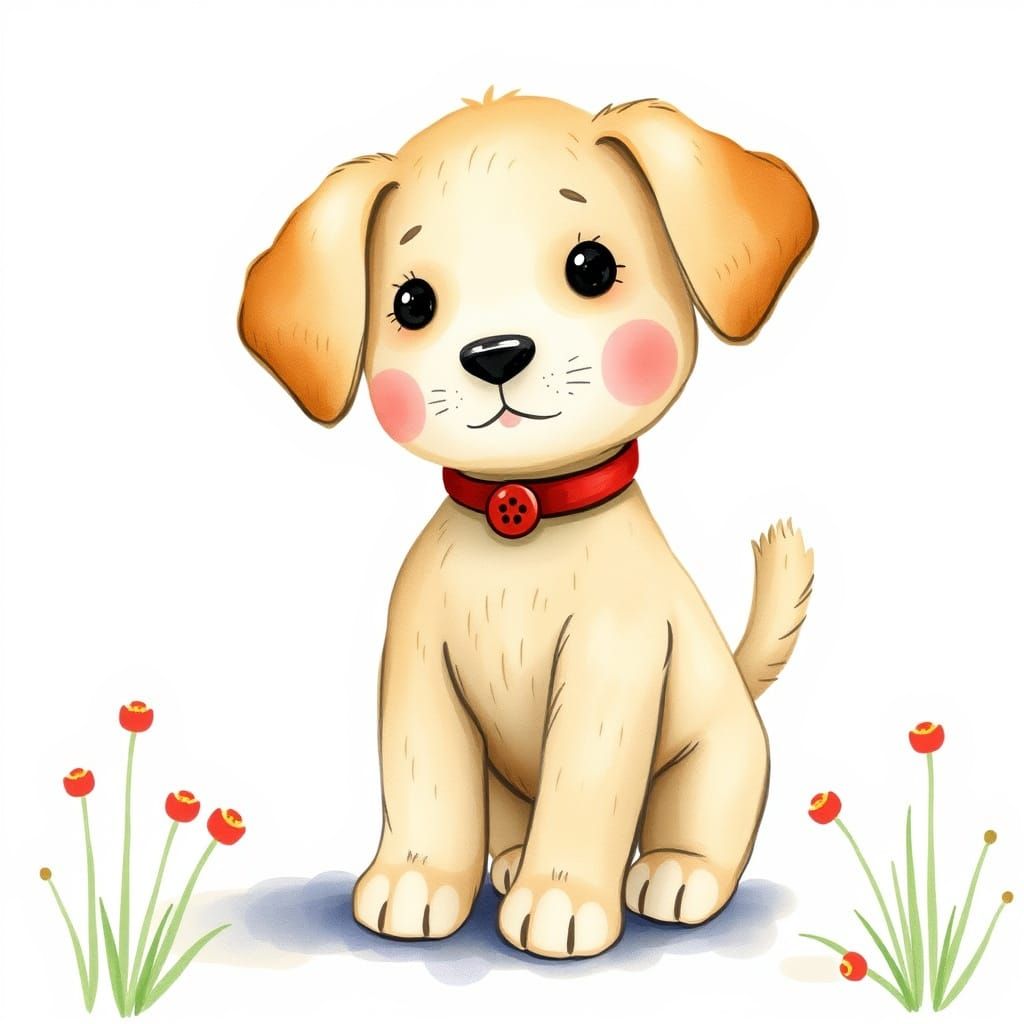 Charming Toy Puppy in Watercolor Storybook Scene