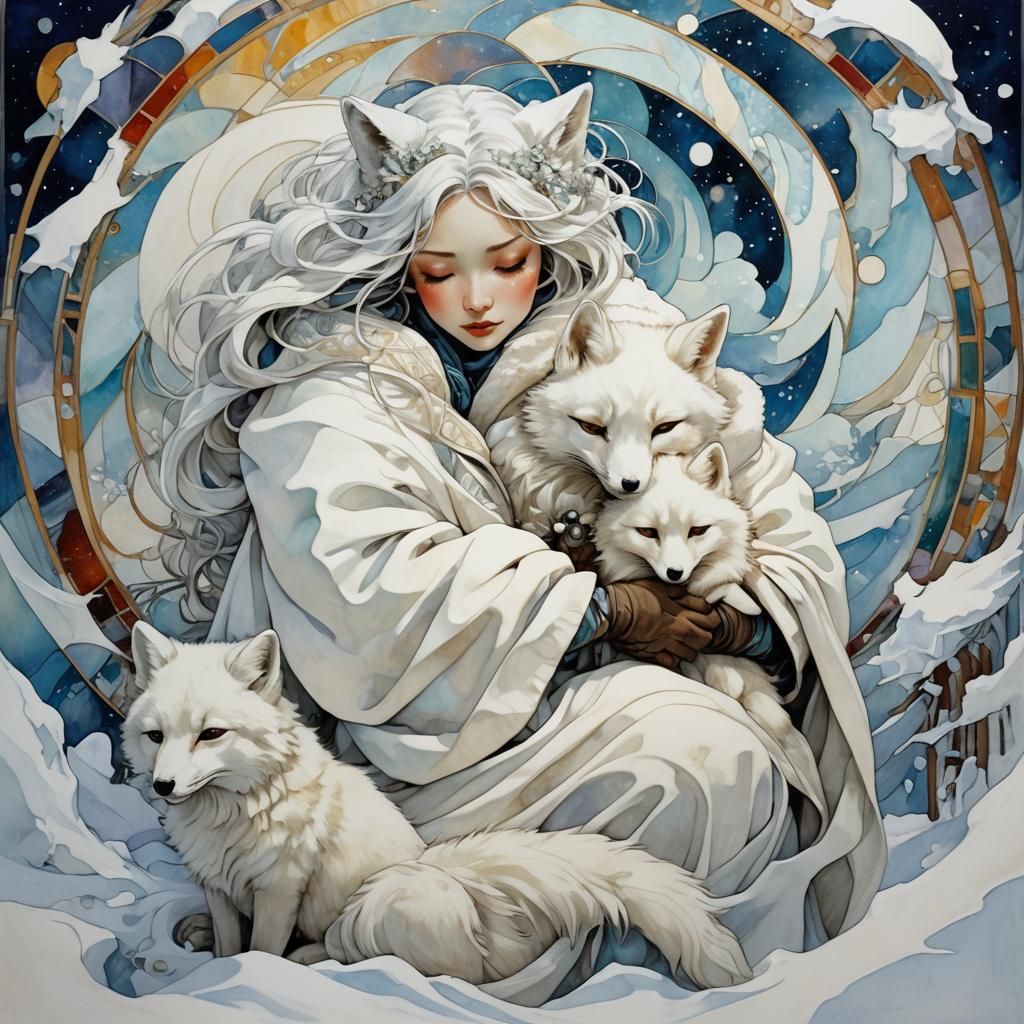 Baby and Fox in Blizzard: Alcohol Ink Style