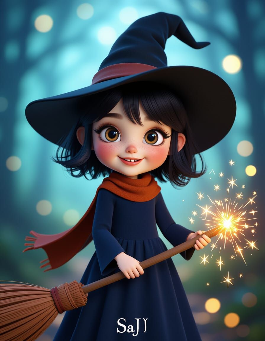 Cute Cartoon Witch Girl in Magical Forest