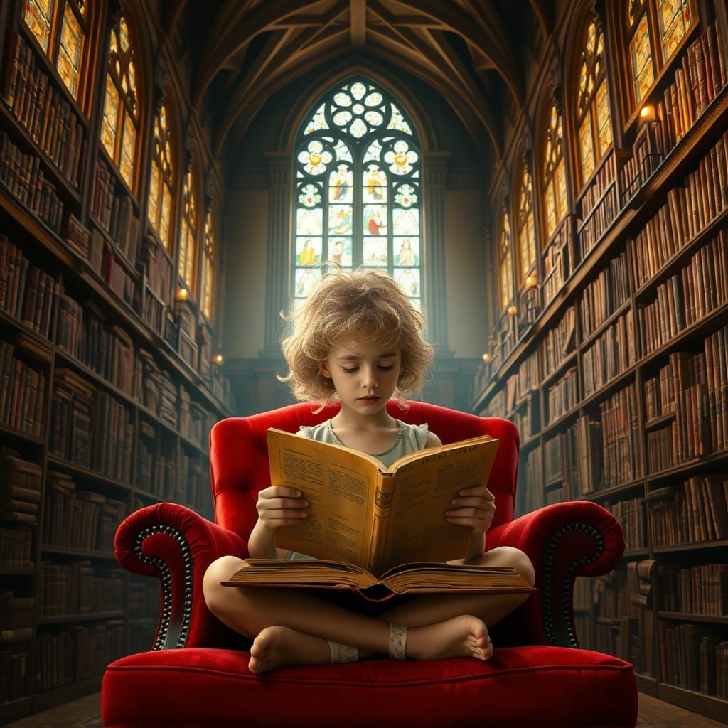 Whimsical Old-Fashioned Library Scene with Young Girl Readin...