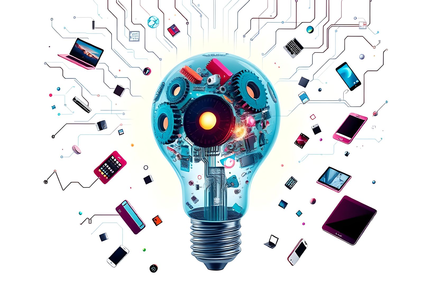 Idea Lightbulb with Technology Icons in Fantasy Style
