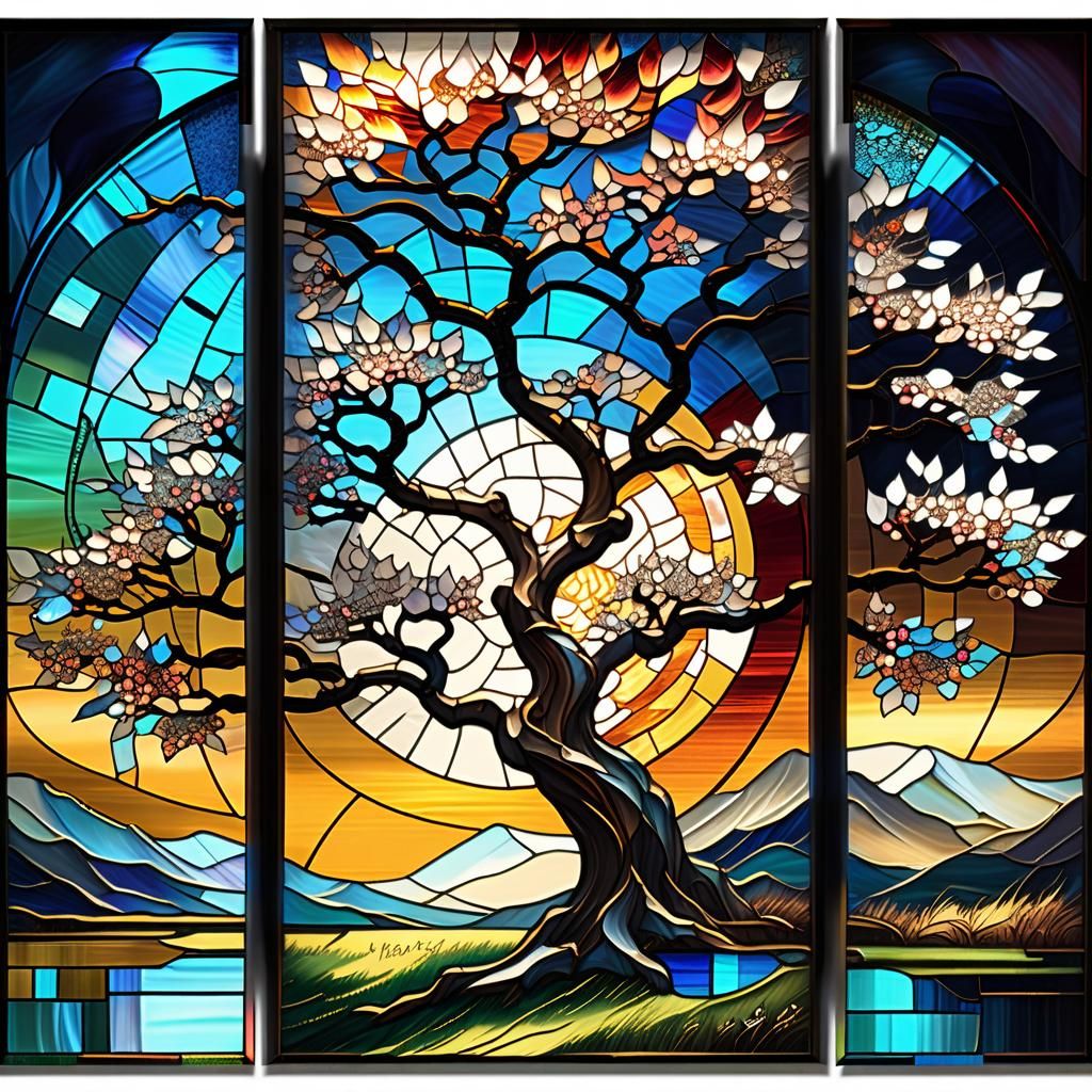 Cherry Tree Stained Glass Triptych in Geometric Fauvism