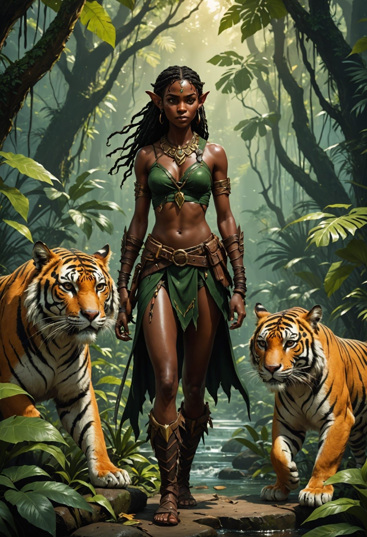 Jungle Elf Ranger with Tiger Companion, Detailed Art