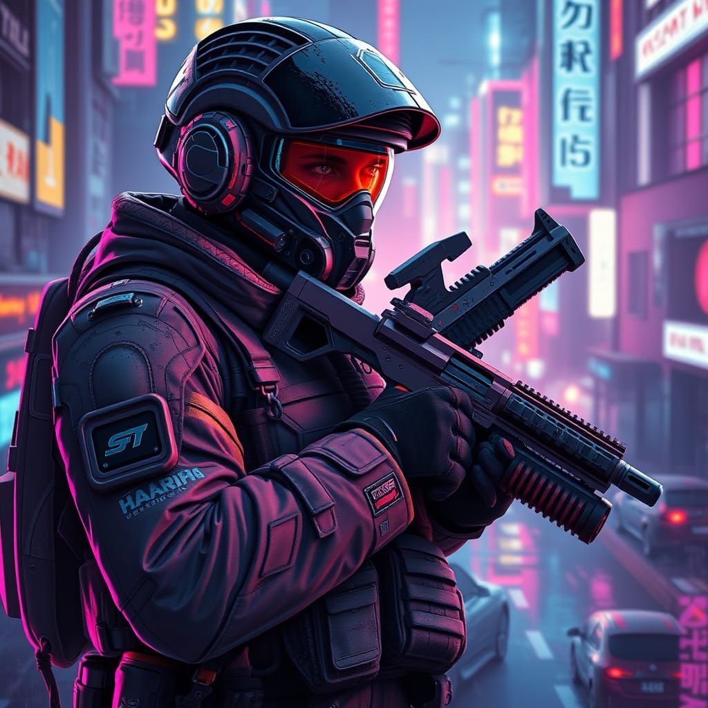 Neon City Warrior in Dystopian Armor