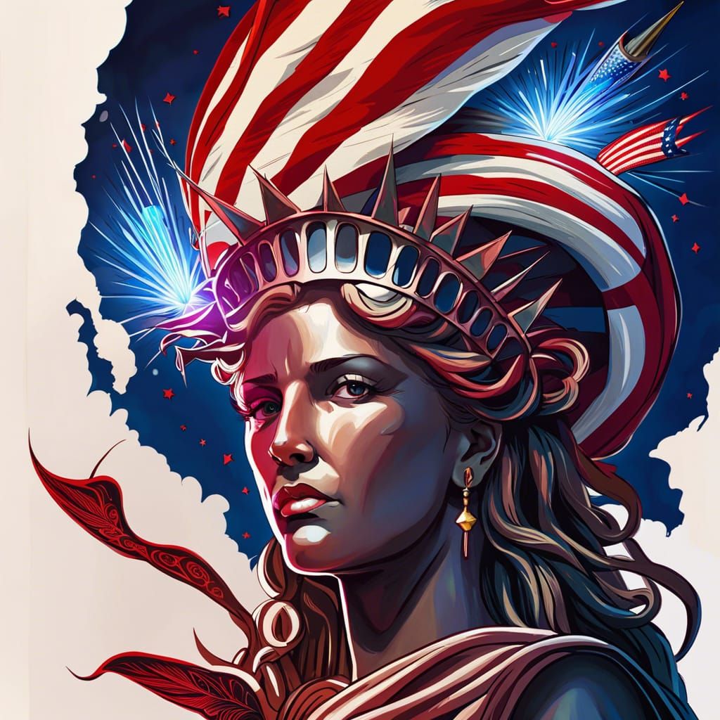 Electric Neon Lady Liberty Portrait with Fireworks