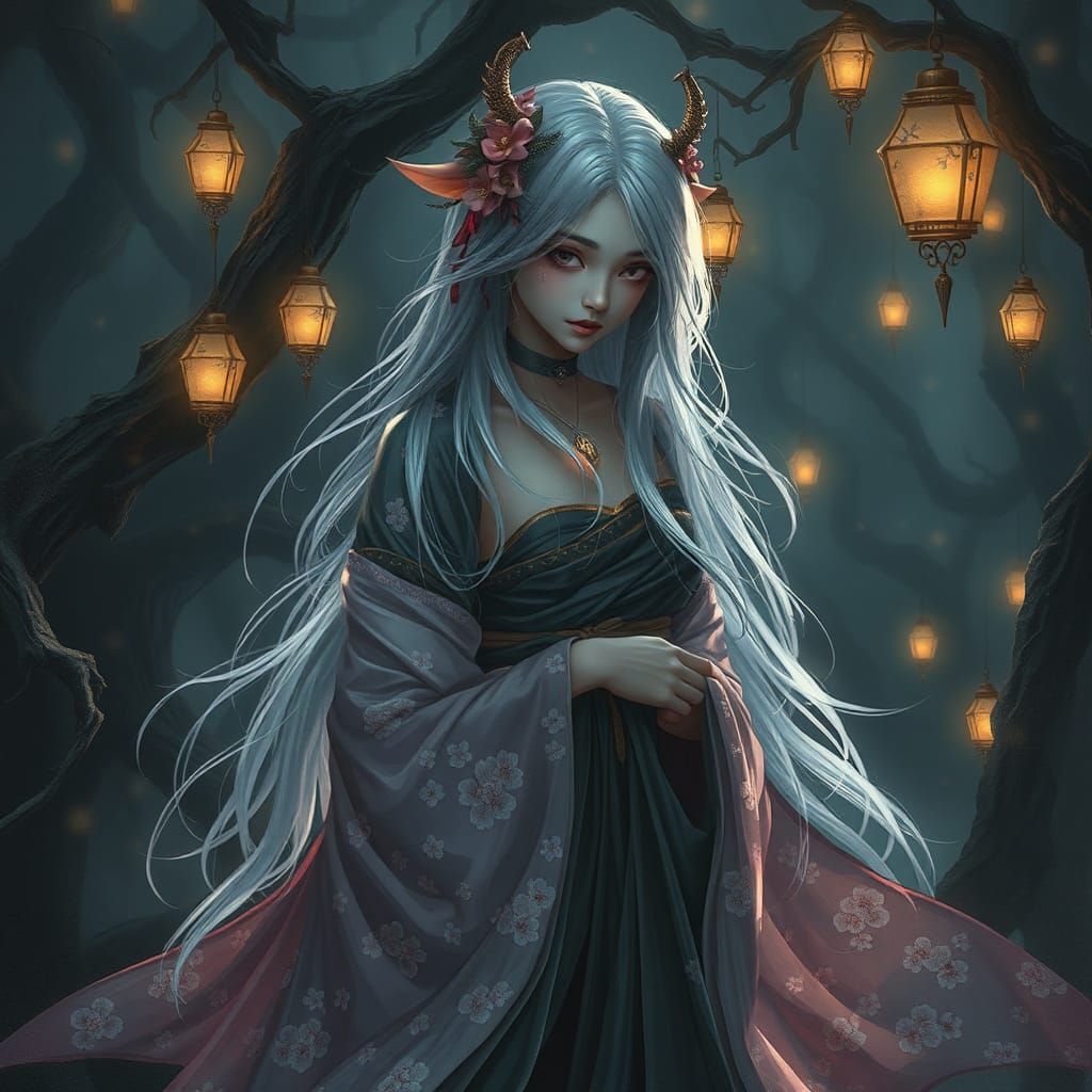 Mournful Fairy Elf Geisha in Japanese Forest