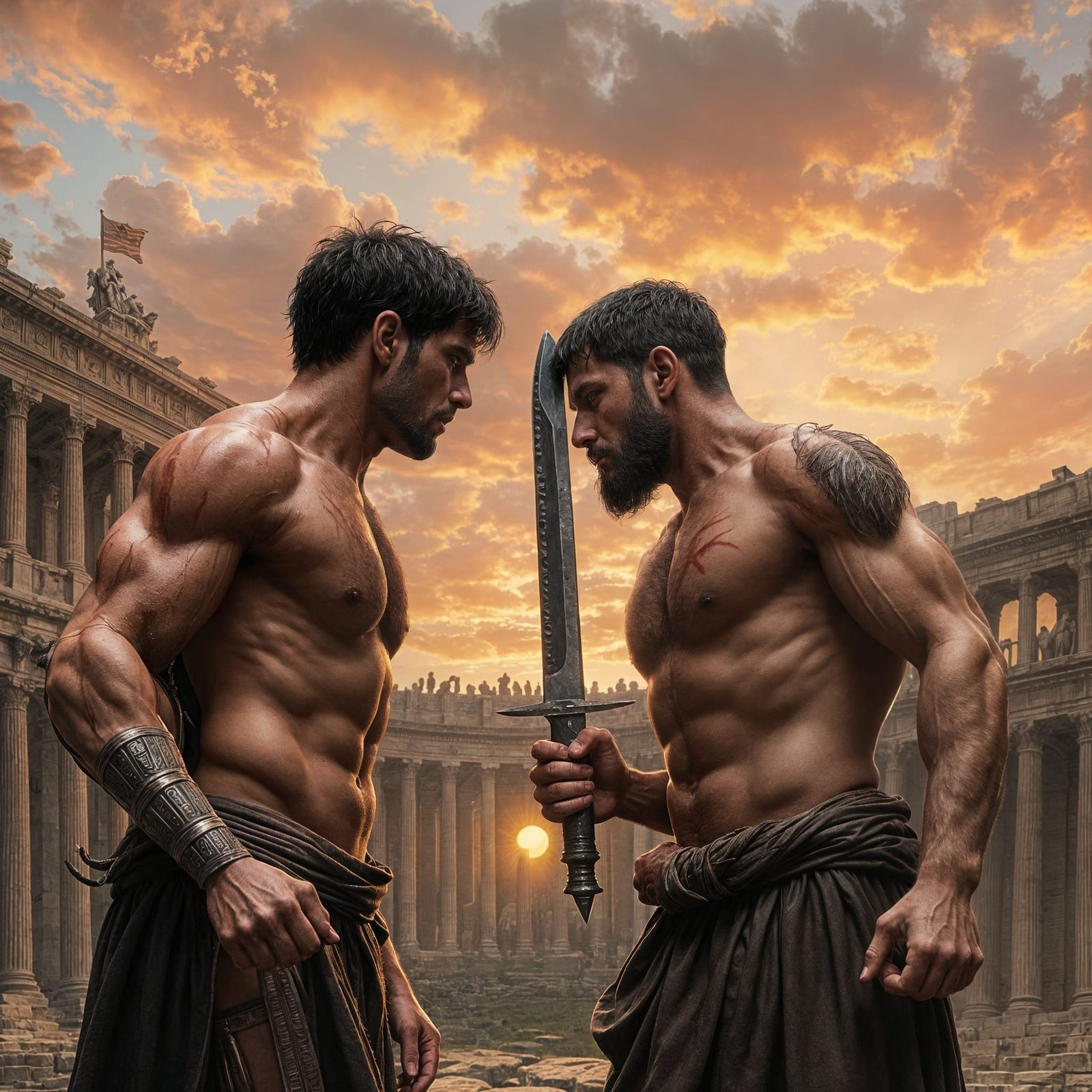 Surreal Ancient Roman Arena Fighters Face Off at Sunset in H...