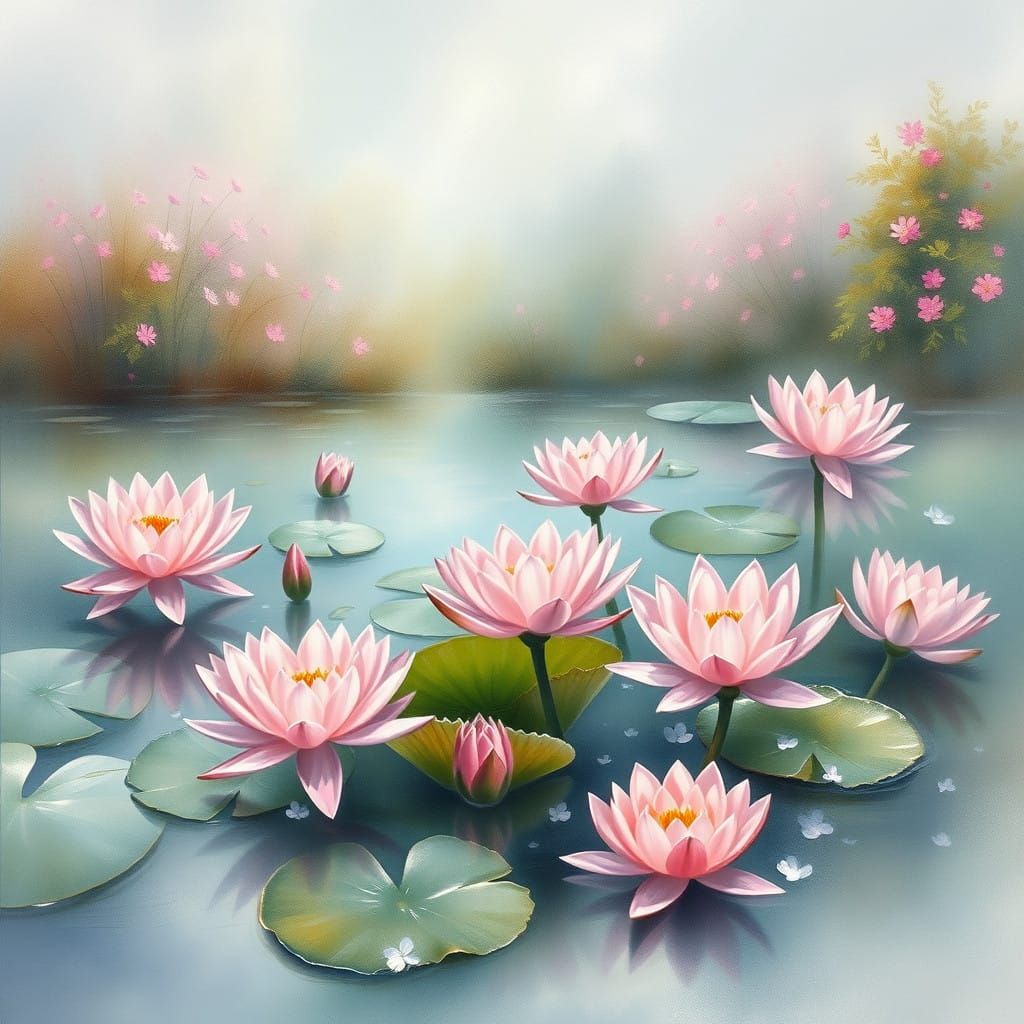 Luminous Pink Lilies in a Whispering Pond