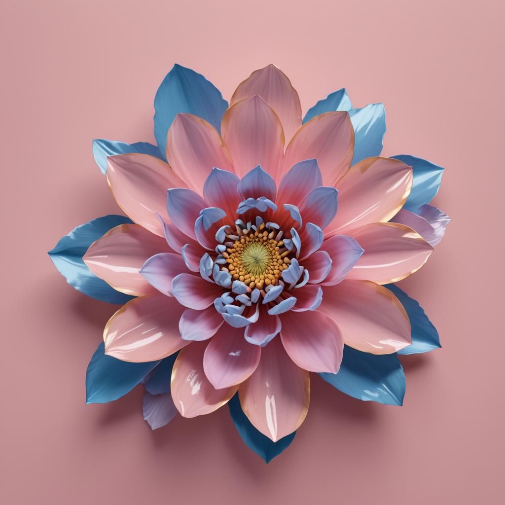 a flat lay of a single flower with blue petals on a pink background, 3D hyper-surrealism, shiny, metallic, pastel colors