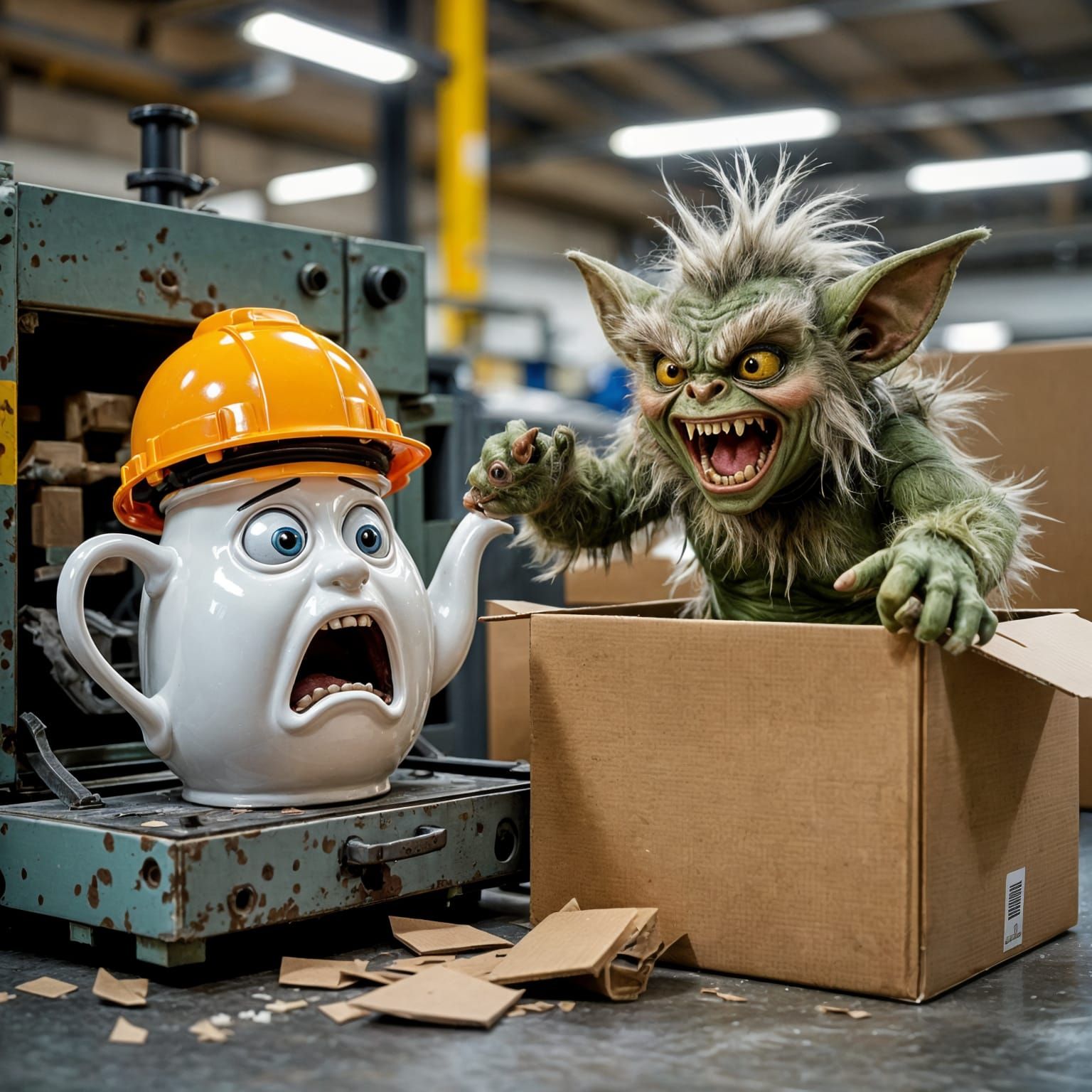 Terrified Teapot Scared by Gremlin in Factory