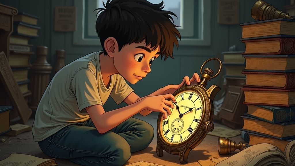 Boy and Glowing Watch in Anime Style Attic