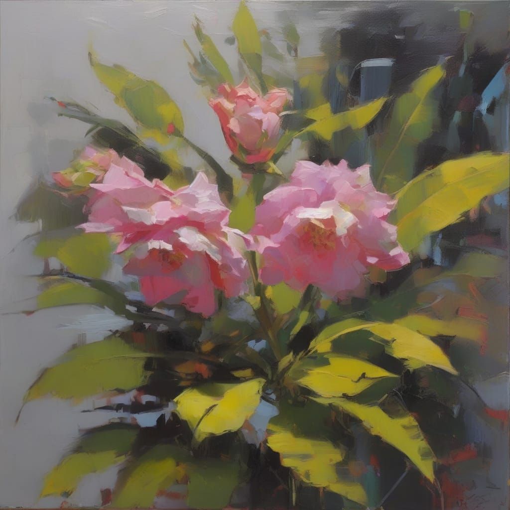 Modern Oil Painting of Vibrant Botanical Forms in Neon Hues